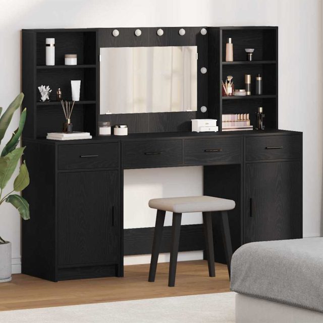 vidaXL Schminktischset mit LED mit Regal 3 pcs Schwarz Eichen-Optik