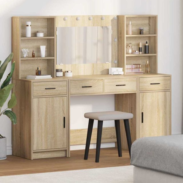 vidaXL Schminktischset mit LED 3 pcs Sonoma-Eiche Holzwerkstoff