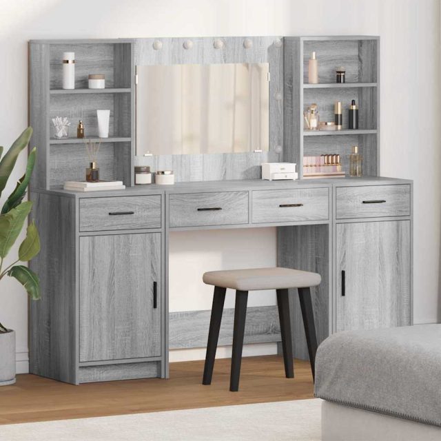 vidaXL Schminktischset mit LED 3 pcs Graues Sonoma Holzwerkstoff
