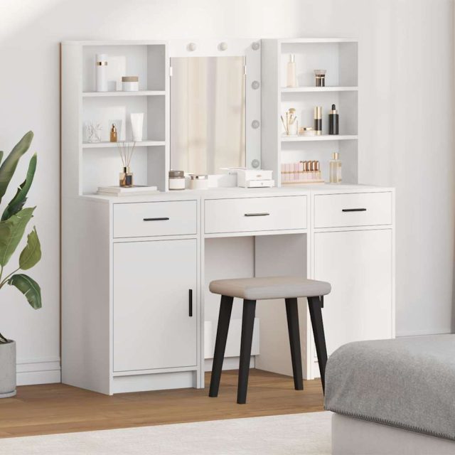 vidaXL Schminktischset mit LED mit Schubladen 3 pcs Weiß Holzwerkstoff