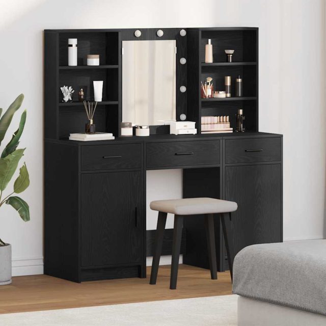 vidaXL Schminktischset mit LED mit Regal 3 pcs Schwarz Eichen-Optik