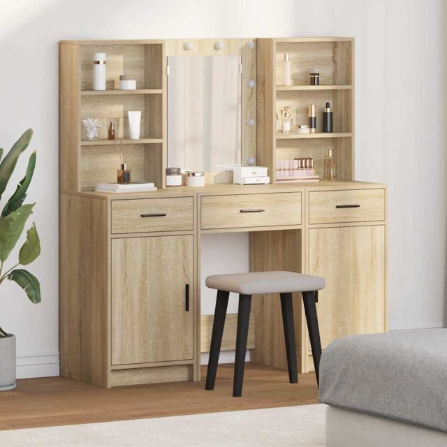 vidaXL Schminktischset mit LED 3 pcs Sonoma-Eiche Holzwerkstoff