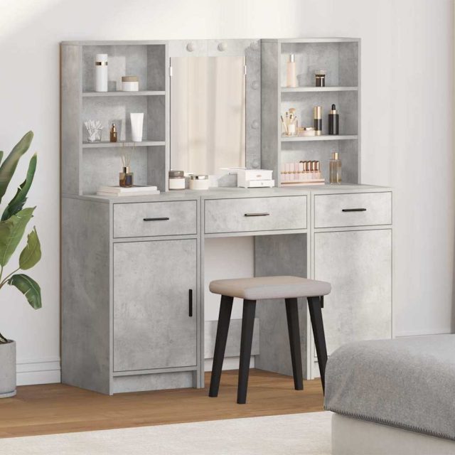 vidaXL Schminktischset mit LED mit Tür 3 pcs Beton Grau Holzwerkstoff