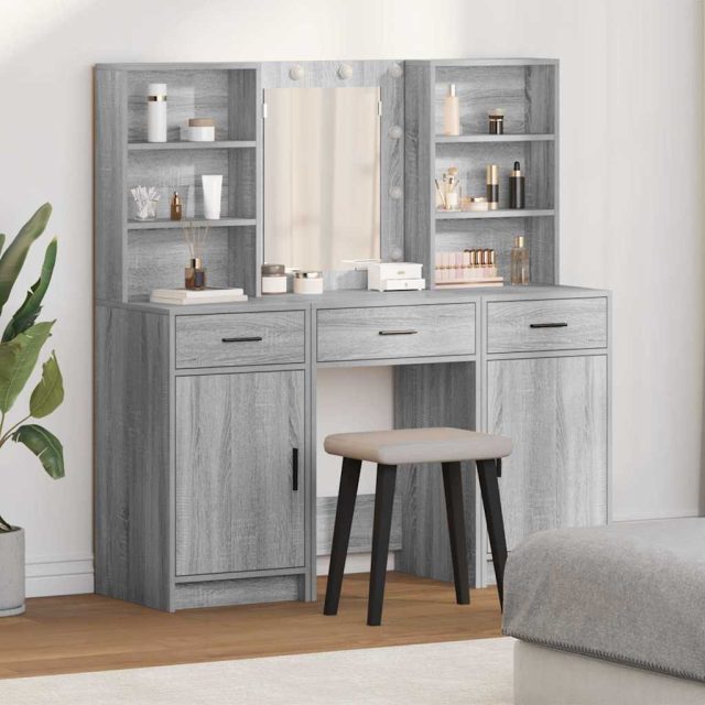 vidaXL Schminktischset mit LED 3 pcs Graues Sonoma Holzwerkstoff