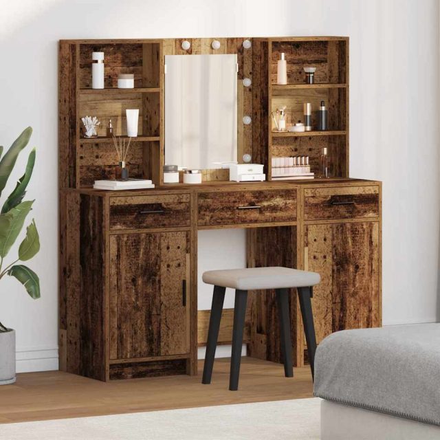 vidaXL Schminktischset mit LED mit Regal 3 pcs Altholz Holzwerkstoff