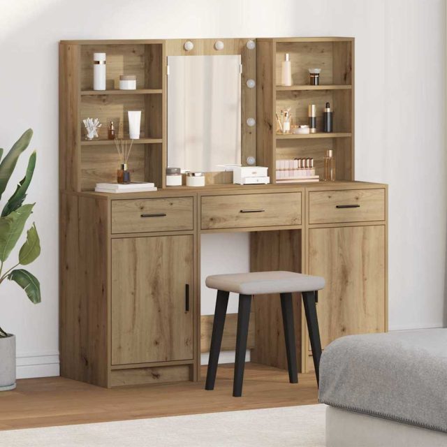 vidaXL Schminktischset mit LED 3 Stk. Artisan-Eiche Holzwerkstoff