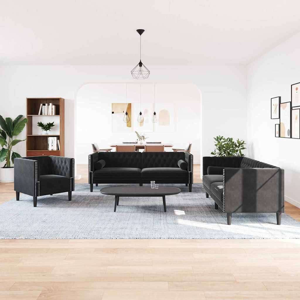 vidaXL Wohnzimmer Couch 3 pcs Schwarz 194 x 74,5 x 70,5 cm Samt