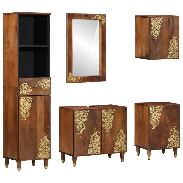 vidaXL Badezimmerschrank-Set mit Tür 5 pcs Honigbraun Massivholz Mango