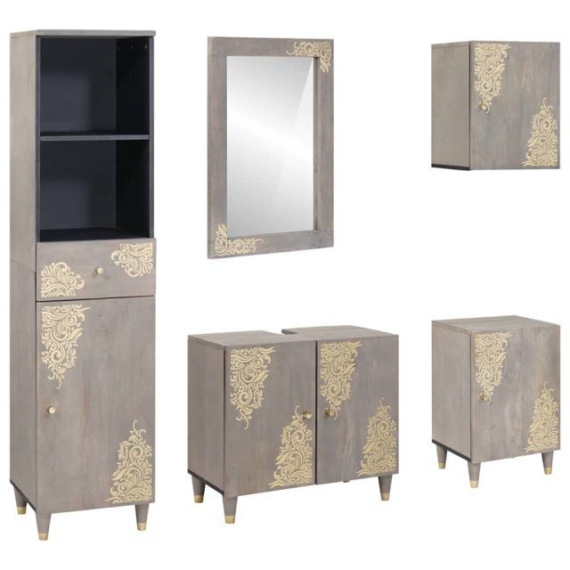 vidaXL Badezimmerschrank-Set Wandmontiert 5 pcs Grau Massivholz Mango