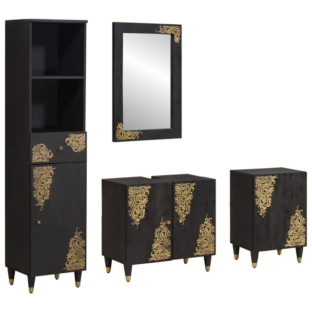 vidaXL Badezimmerschrank-Set mit Tür 4 pcs Schwarz Massivholz Mango