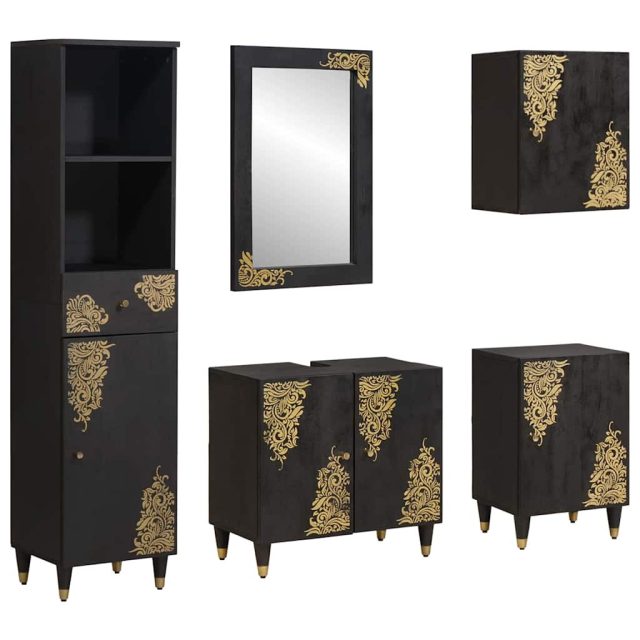 vidaXL Badezimmerschrank-Set mit Tür 5 pcs Schwarz Massivholz Mango