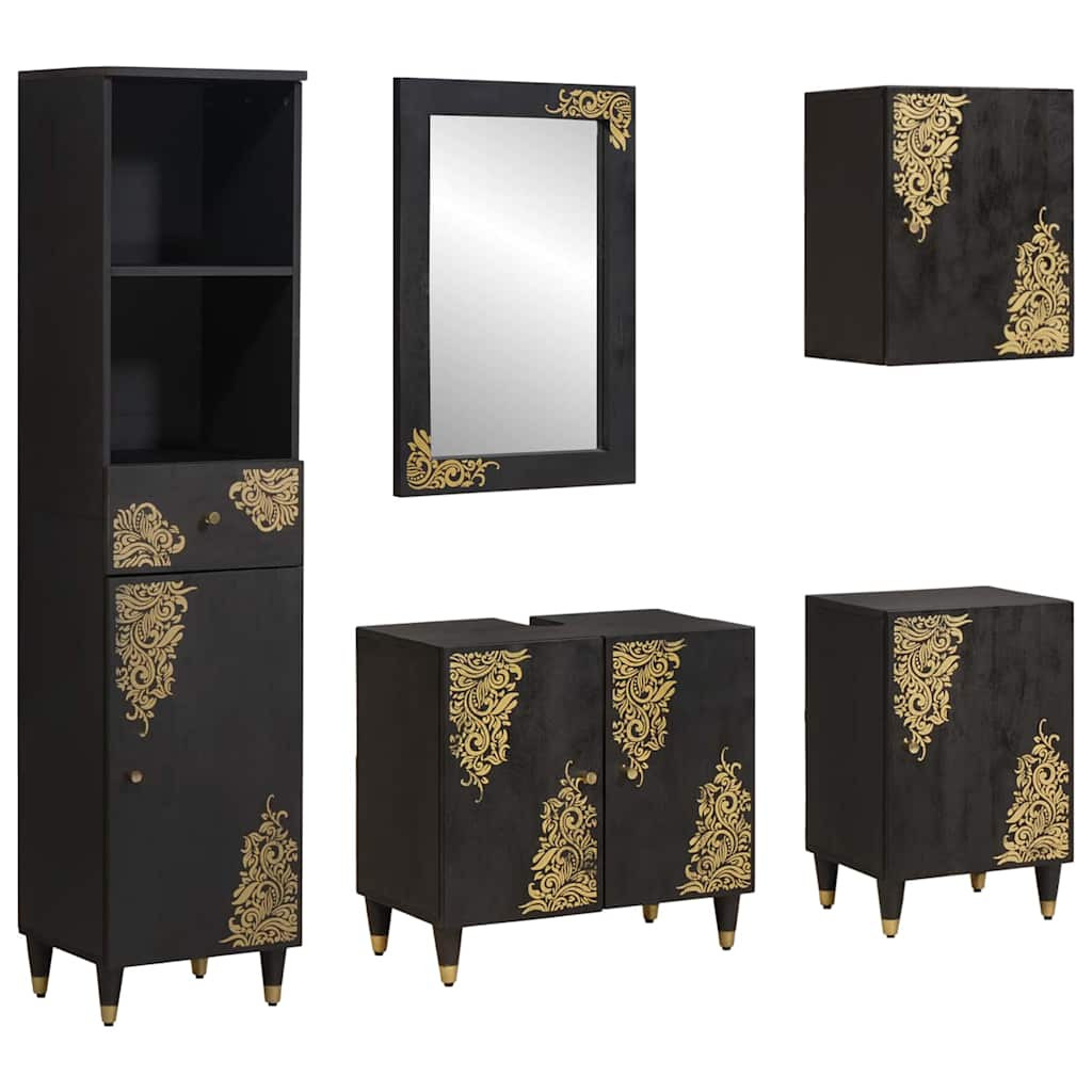 vidaXL Badezimmerschrank-Set mit Tür 5 pcs Schwarz Massivholz Mango
