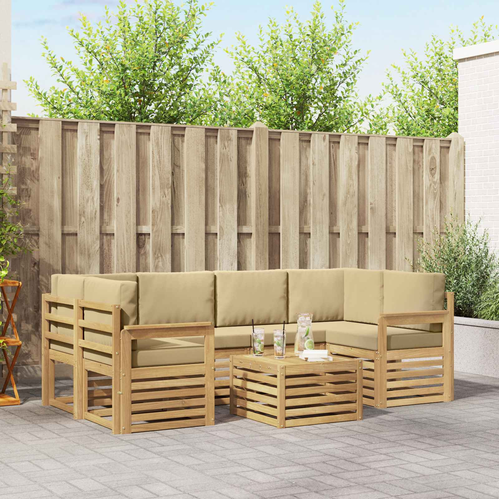 vidaXL Outdoor-Sofagarnitur mit Kissen 7 pcs Weiß und Beige Polyester