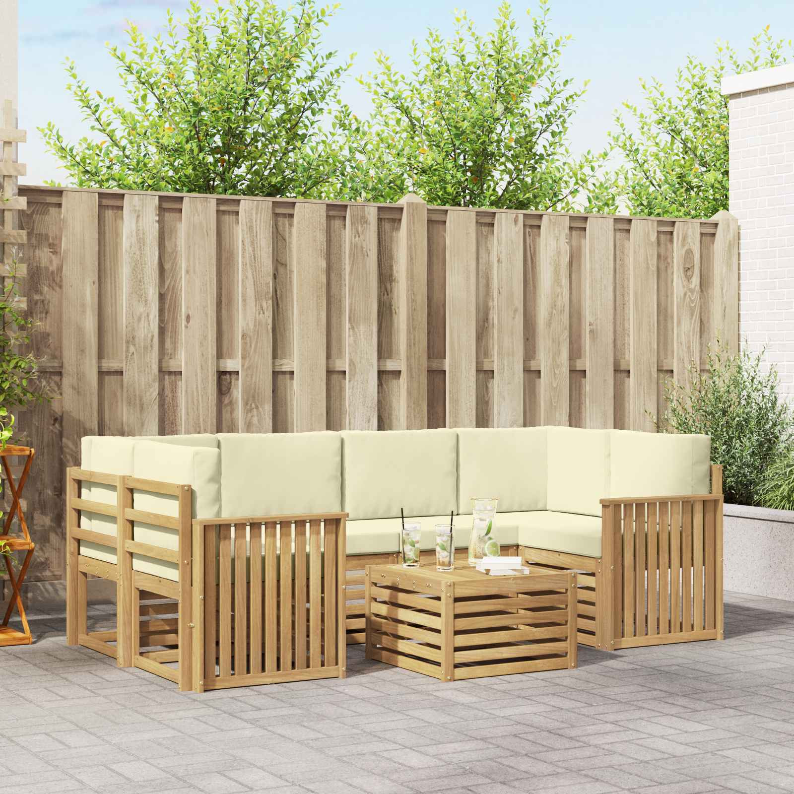 vidaXL Outdoor-Sofagarnitur mit Kissen 7 pcs Weiß und Creme Polyester