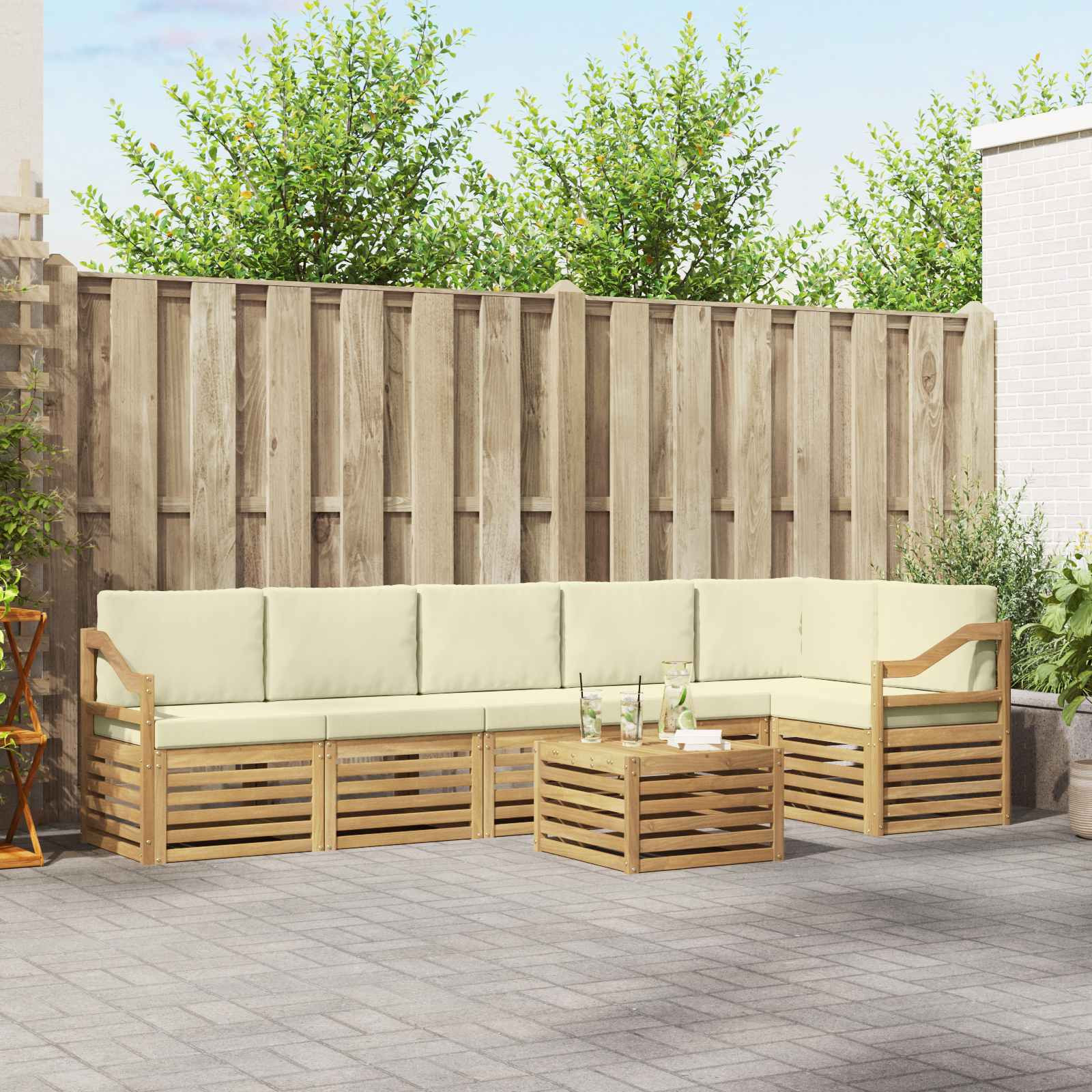 vidaXL Ecksofa Set mit Kissen 7 pcs Weiß und Creme Massivholz Akazie