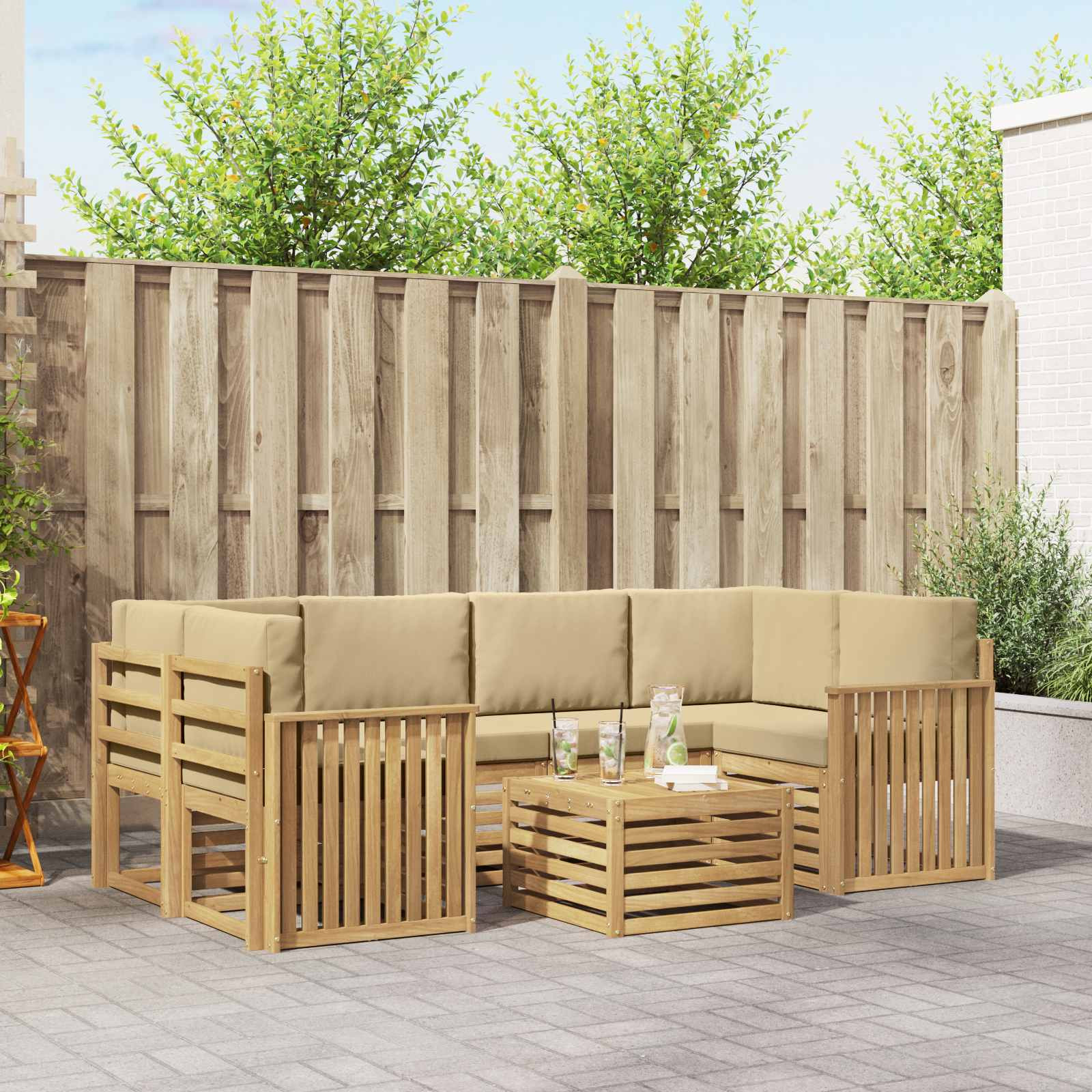vidaXL Outdoor-Sofagarnitur mit Kissen 7 pcs Weiß und Beige Polyester