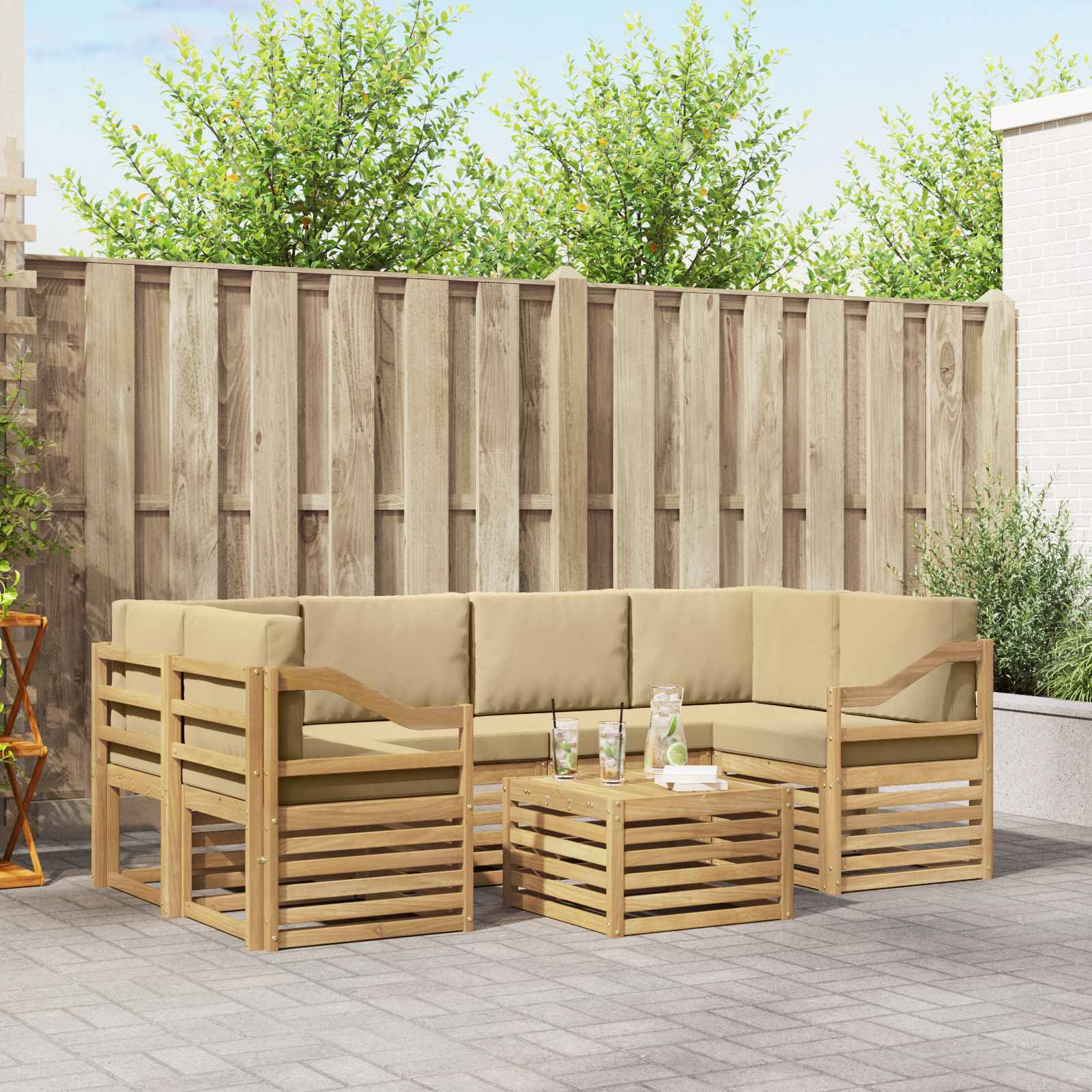 vidaXL Outdoor-Sofagarnitur mit Kissen 7 pcs Weiß und Beige Polyester