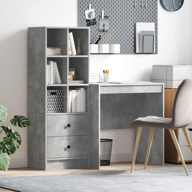 vidaXL Schreibtisch mit Schubladen mit Regal 2 pcs Beton Grau