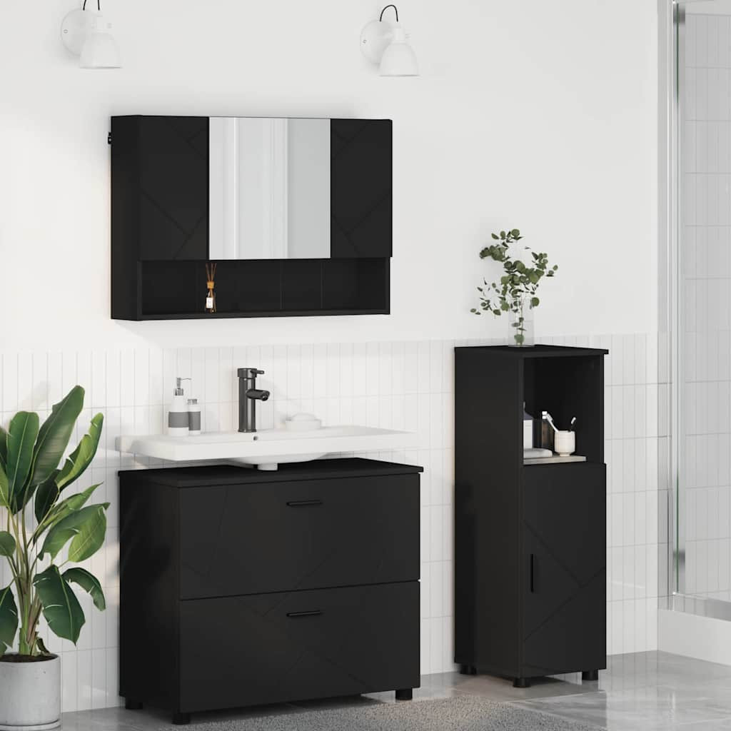 vidaXL Badezimmermöbel-Set mit Tür 3 pcs Schwarz Sperrholz und Metall