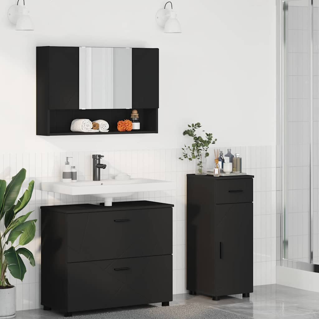 vidaXL Badezimmermöbel-Set mit Tür 3 pcs Schwarz Sperrholz und Metall