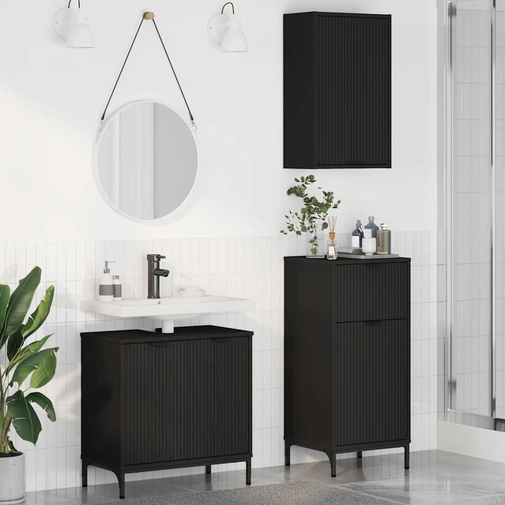 vidaXL Badezimmermöbel-Set mit Tür 3 pcs Schwarz Sperrholz und Metall