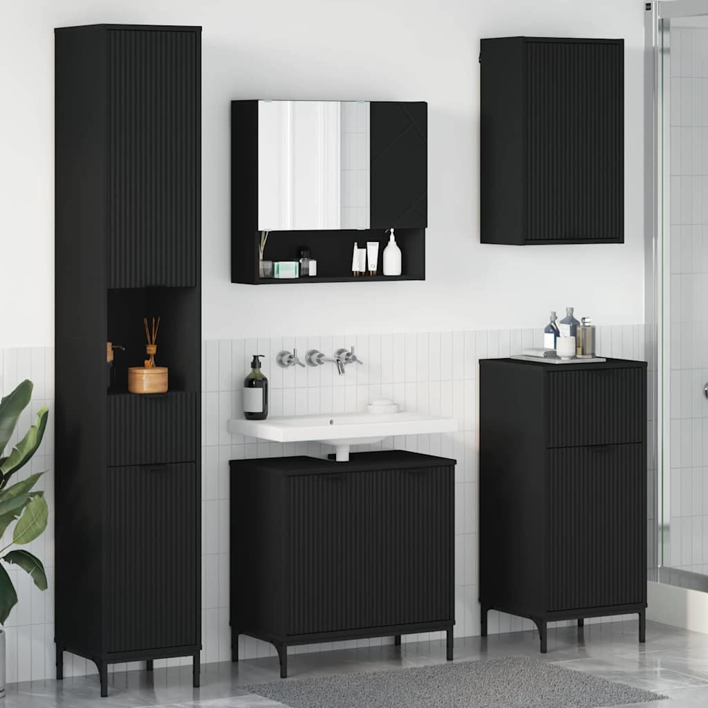 vidaXL Badezimmermöbel-Set Wandmontiert Schwarz Holzwerkstoff, Metall