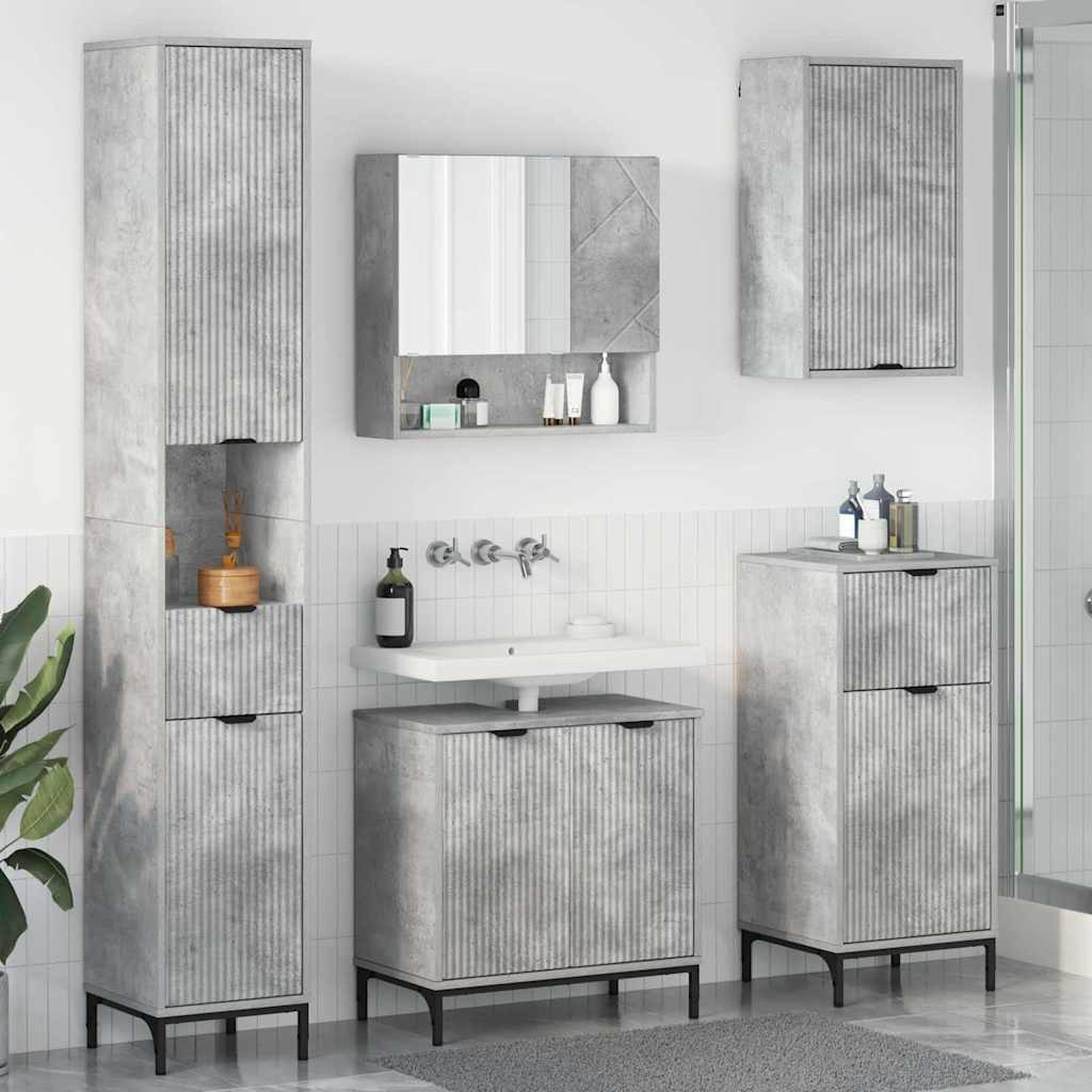 vidaXL Badezimmermöbel-Set mit Tür Beton Grau Holzwerkstoff, Metall