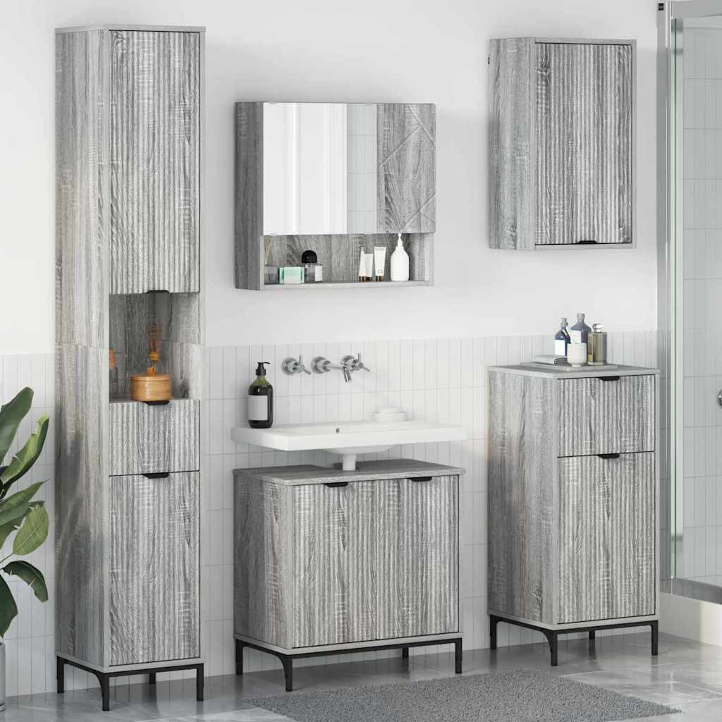 vidaXL Badezimmermöbel-Set mit Tür Graues Sonoma Holzwerkstoff, Metall