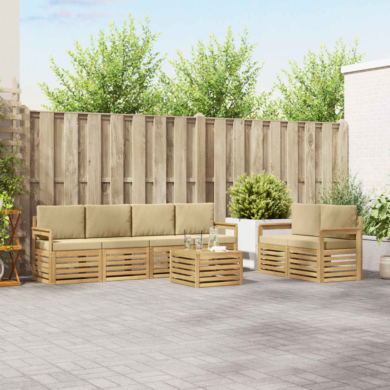 vidaXL Outdoor-Sofagarnitur mit Kissen 7 pcs Weiß und Beige Polyester