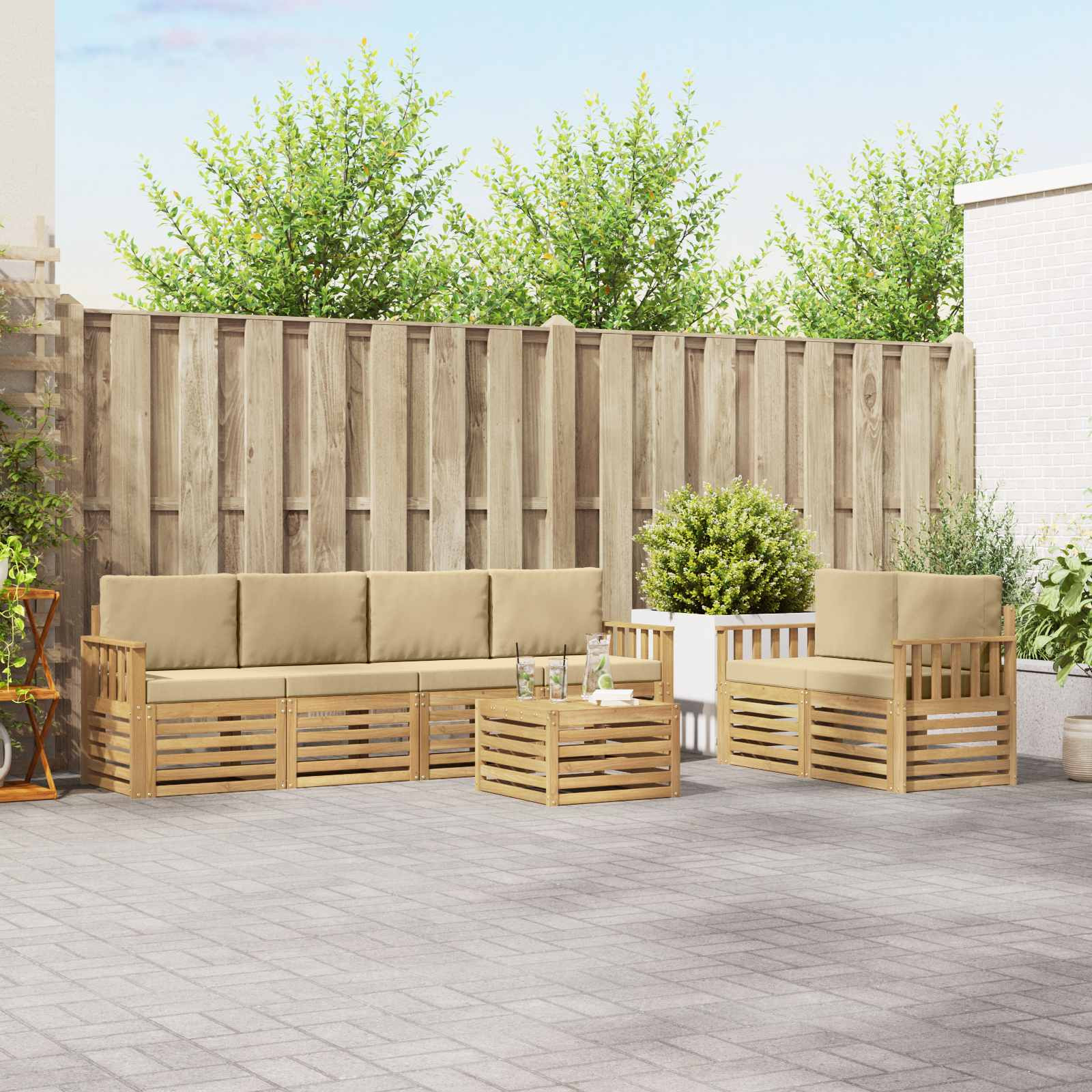 vidaXL Outdoor-Sofagarnitur mit Kissen 7 pcs Weiß und Beige Polyester