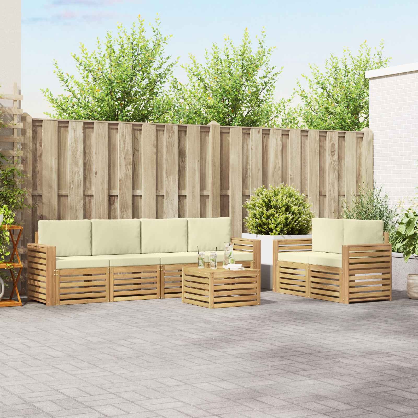 vidaXL Outdoor-Sofagarnitur mit Kissen 7 pcs Weiß und Creme Polyester