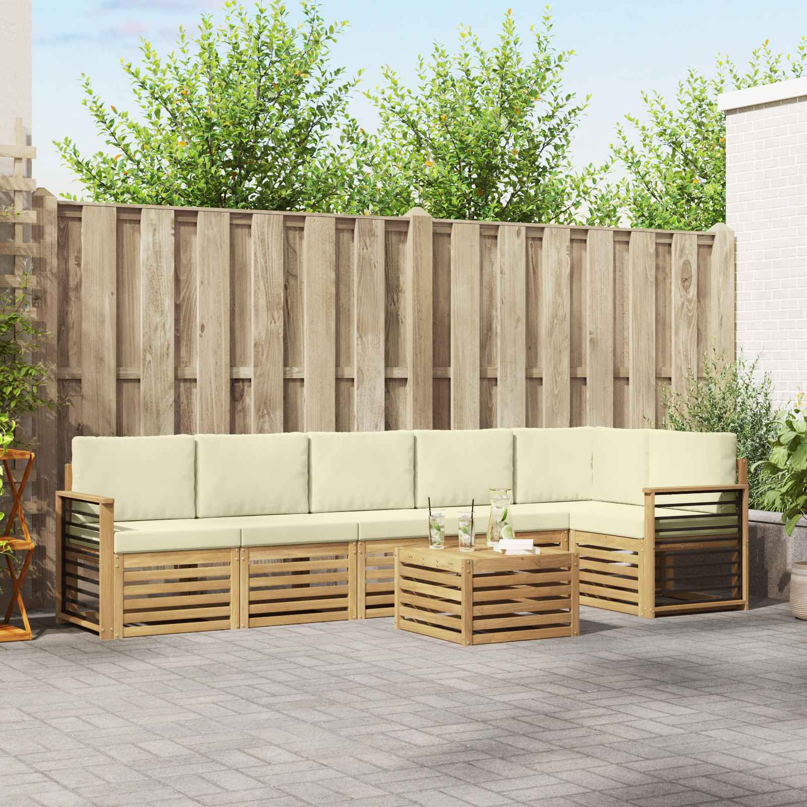 vidaXL Ecksofa Set mit Kissen 7 pcs Weiß und Creme Massivholz Akazie