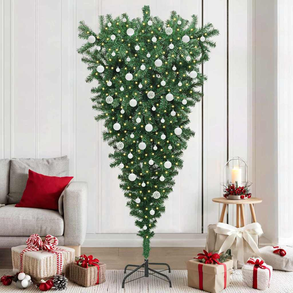 vidaXL Umgedrehter Kunst Weihnachtsbaum mit Kugelset Grün 210 cm PVC