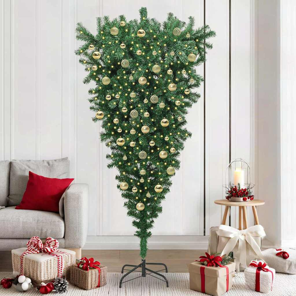 vidaXL Umgedrehter Kunst Weihnachtsbaum mit Kugelset Grün 210 cm PVC