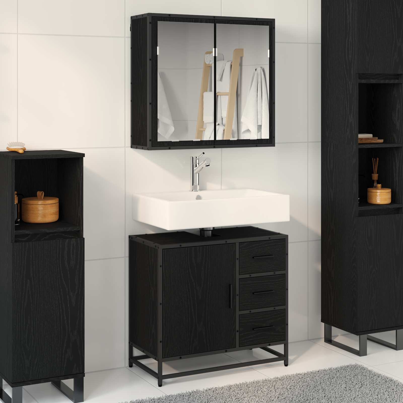 vidaXL Badezimmermöbel Set 2 pcs Schwarz Eichen-Optik Holzwerkstoff