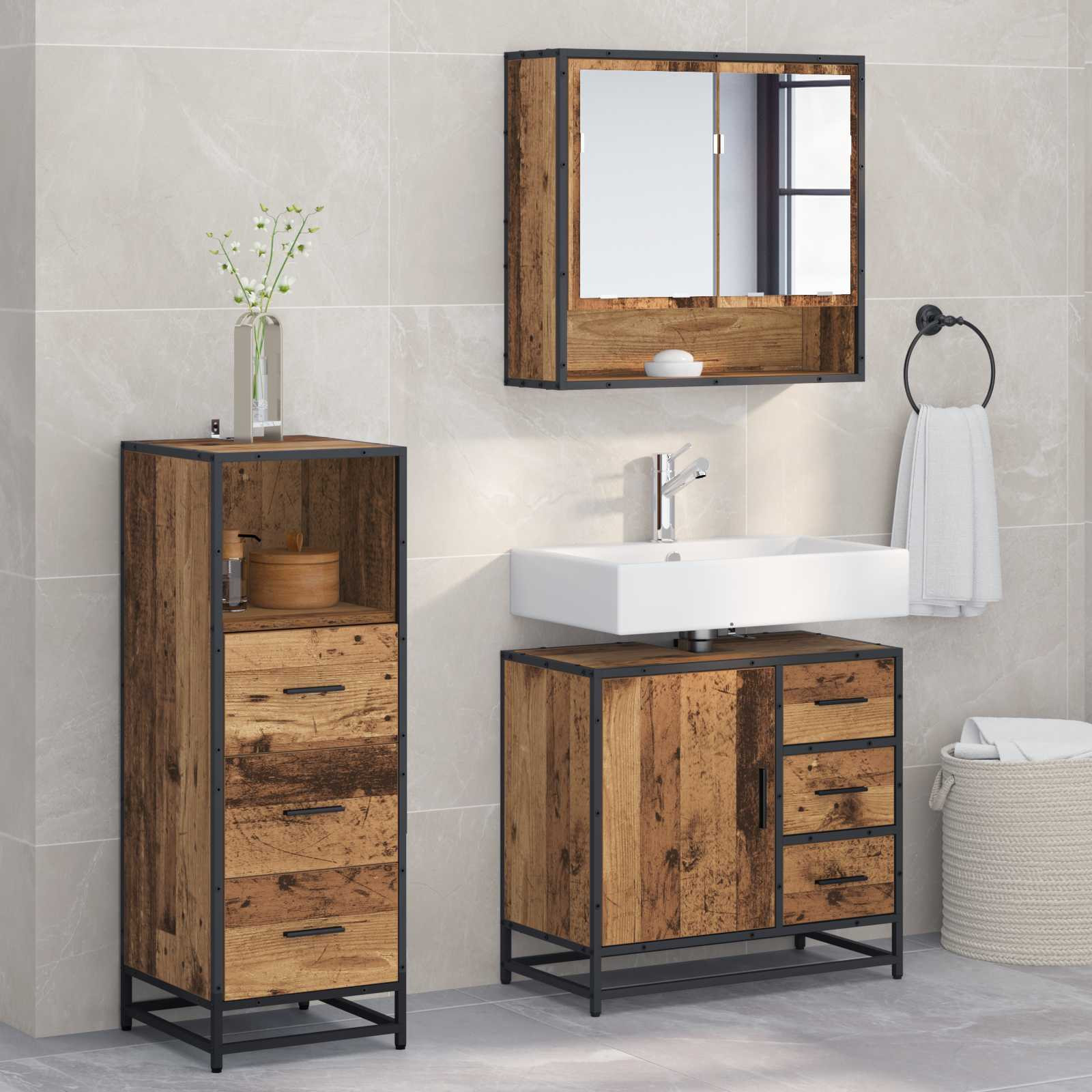 vidaXL Badezimmermöbel-Set mit Schubladen 3 pcs Altholz Holzwerkstoff