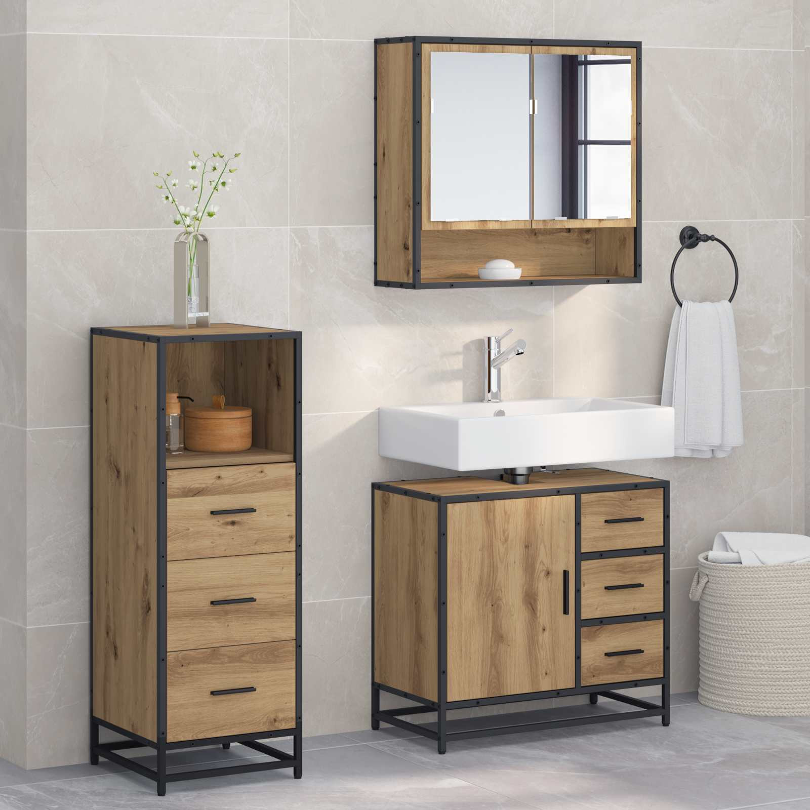 vidaXL Badezimmermöbel-Set 3 Stk. Artisan-Eiche 65 x 33 x 60 cm