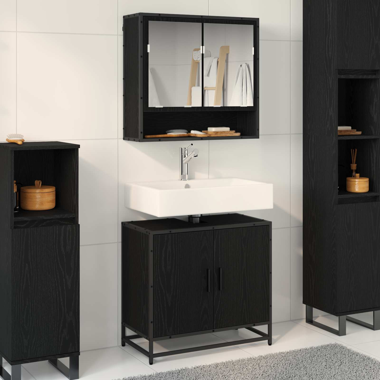 vidaXL Badezimmermöbel-Set 2 pcs Schwarz Eichen-Optik Holzwerkstoff