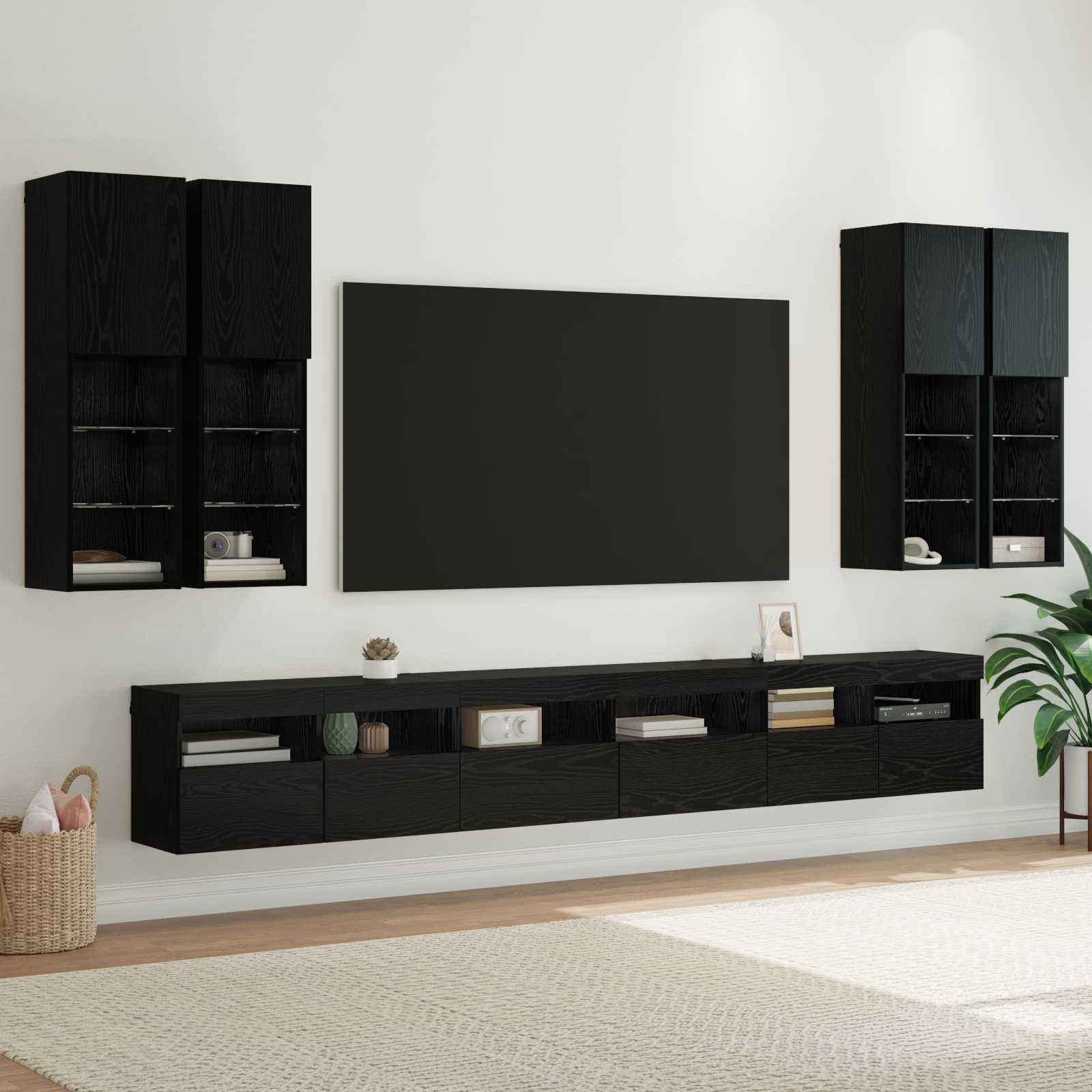 vidaXL TV-Wandregal-Set 7 pcs Schwarz Eichen-Optik Holzwerkstoff