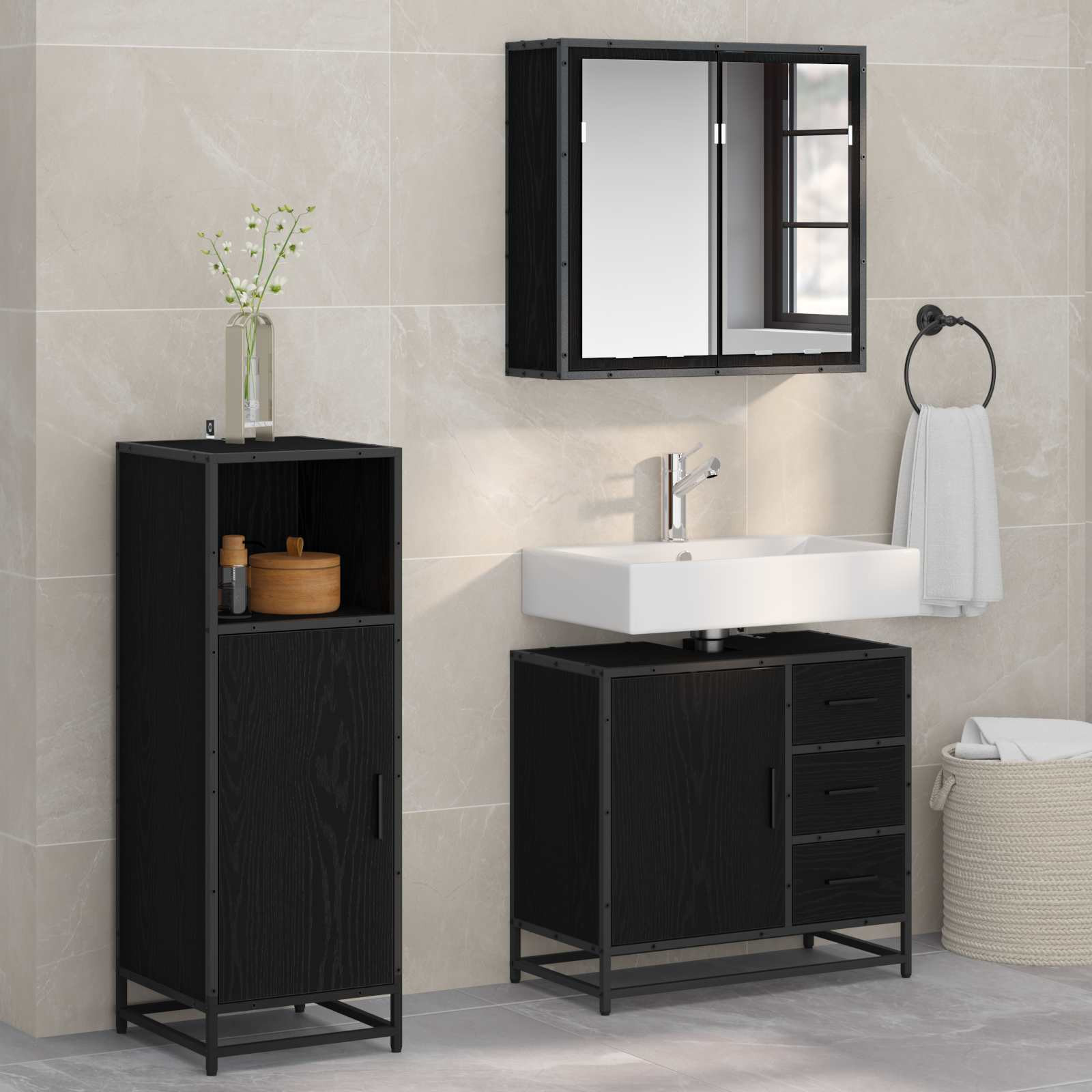 vidaXL Badezimmermöbel-Set 3 pcs Schwarz Eichen-Optik Holzwerkstoff