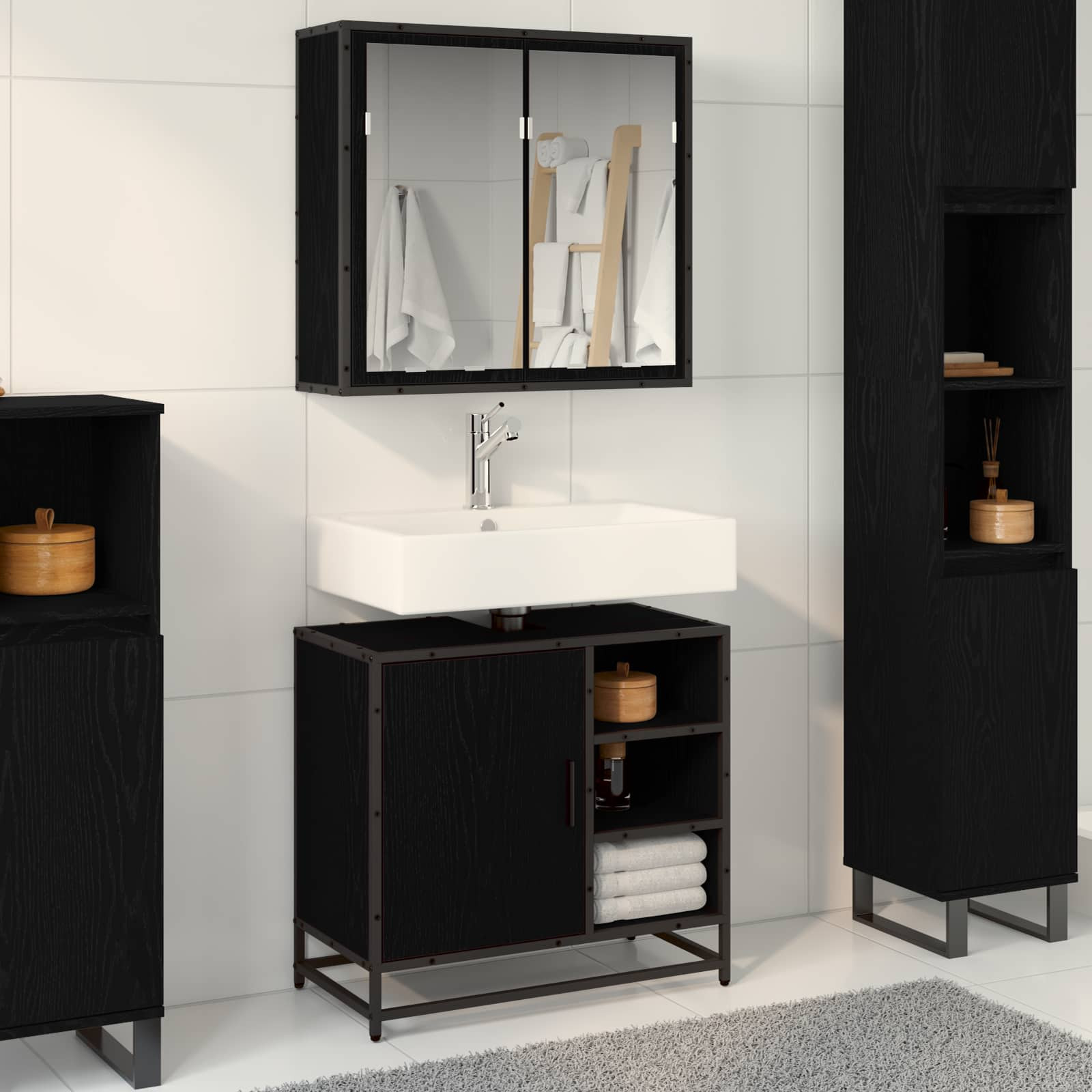 vidaXL Badezimmermöbel-Set 2 pcs Schwarz Eichen-Optik Holzwerkstoff