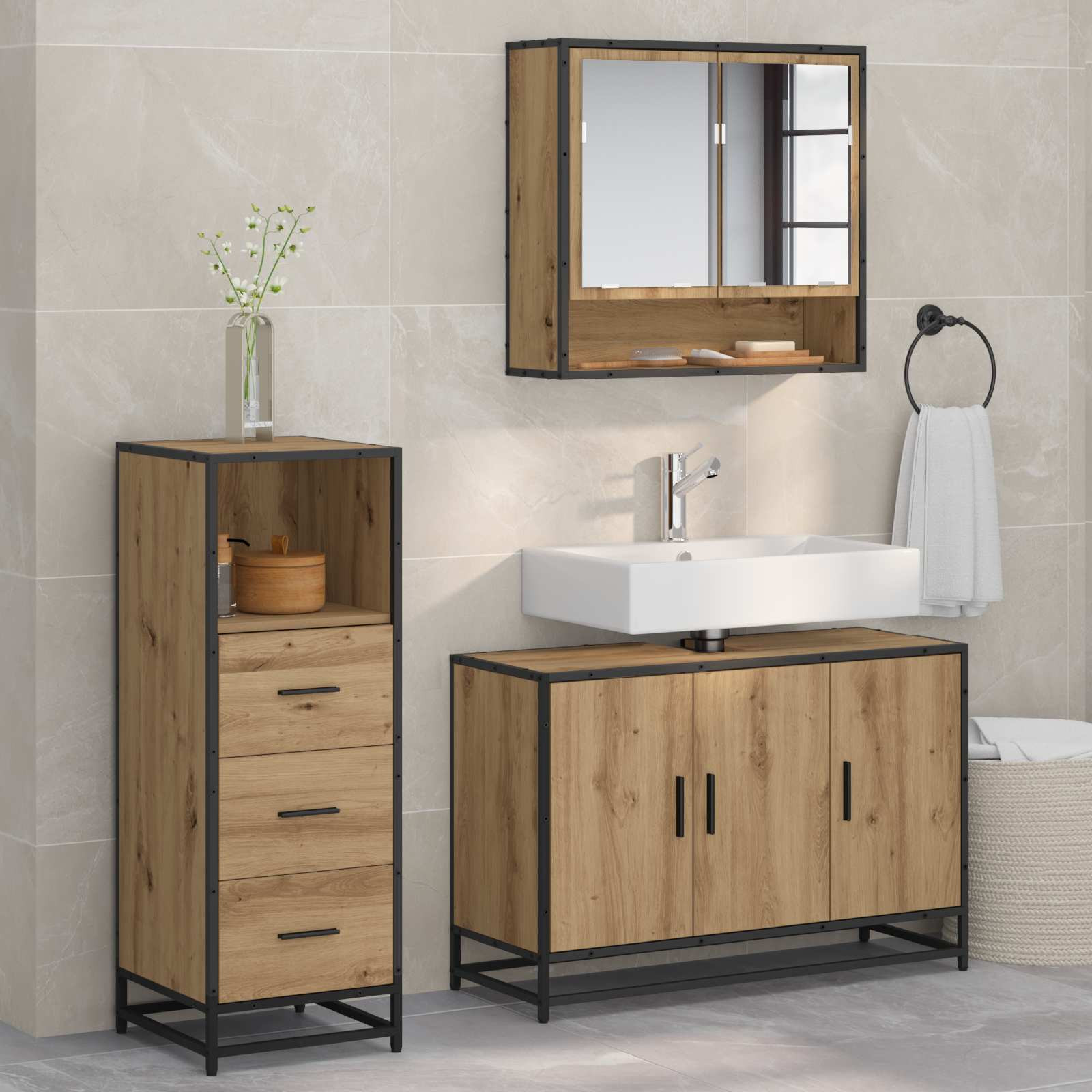 vidaXL Badezimmermöbel-Set 3 Stk. Artisan-Eiche 90 x 33 x 60 cm