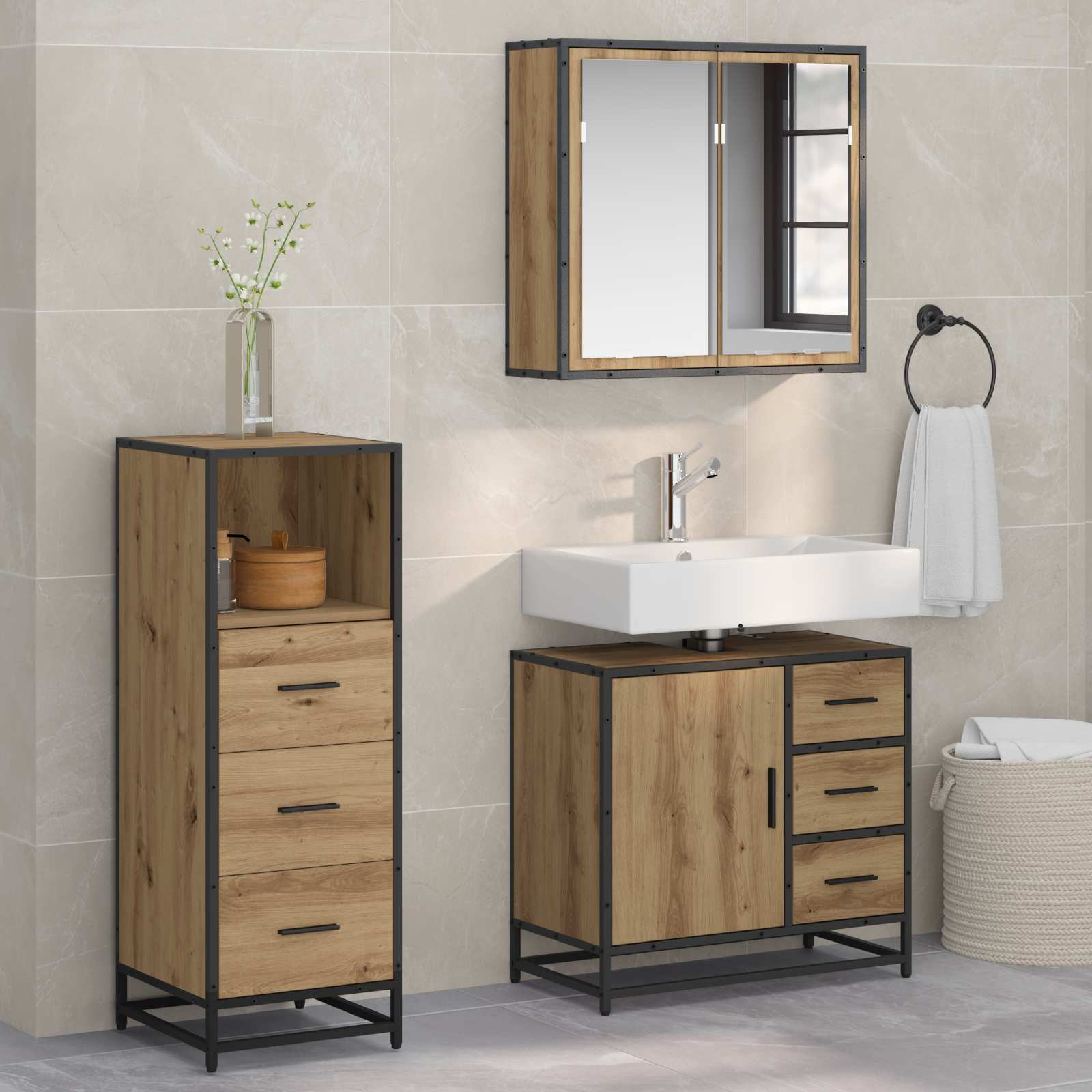 vidaXL Badezimmermöbel-Set 3 Stk. Artisan-Eiche 35 x 37,5 x 100 cm