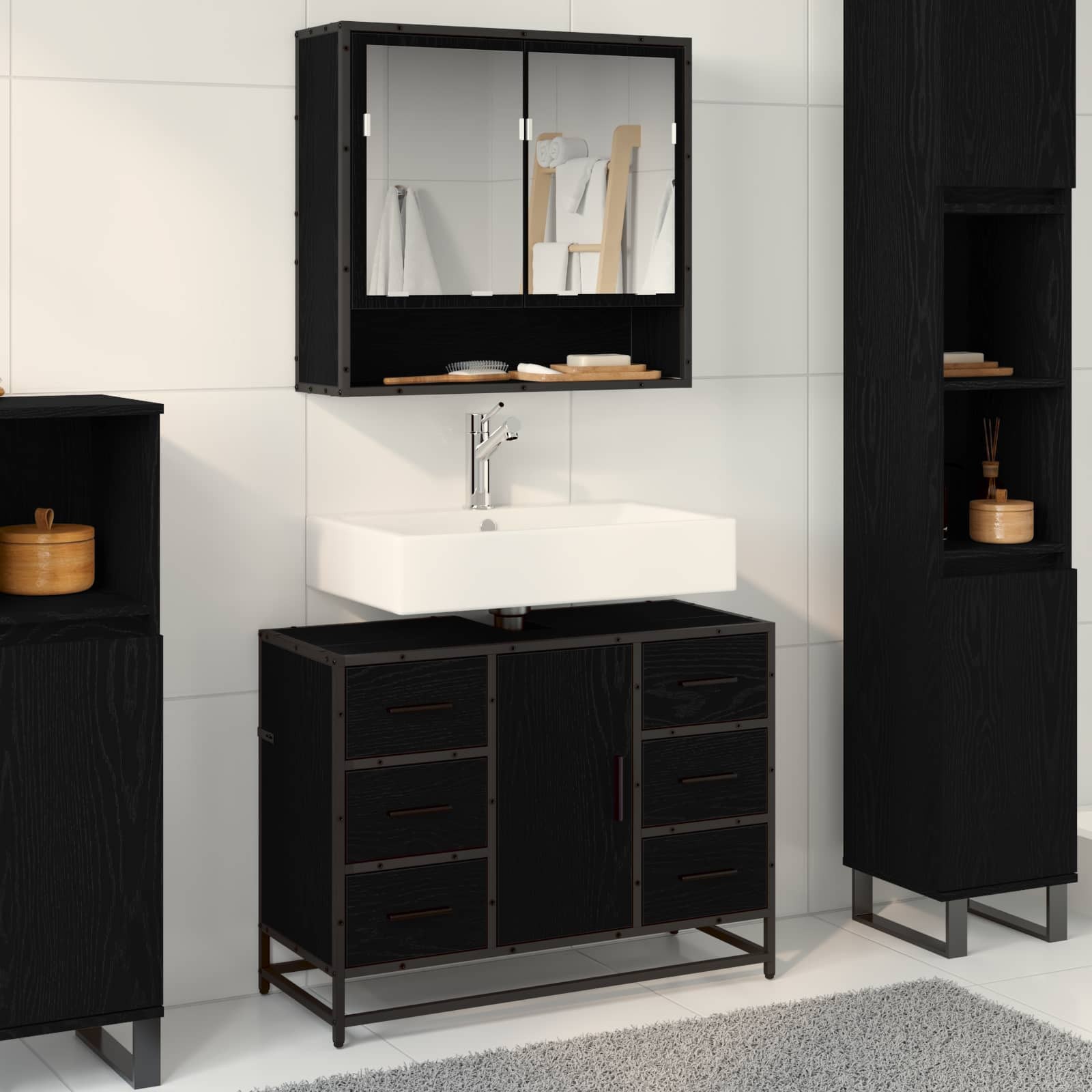 vidaXL Badezimmermöbel-Set 2 pcs Schwarz Eichen-Optik Holzwerkstoff