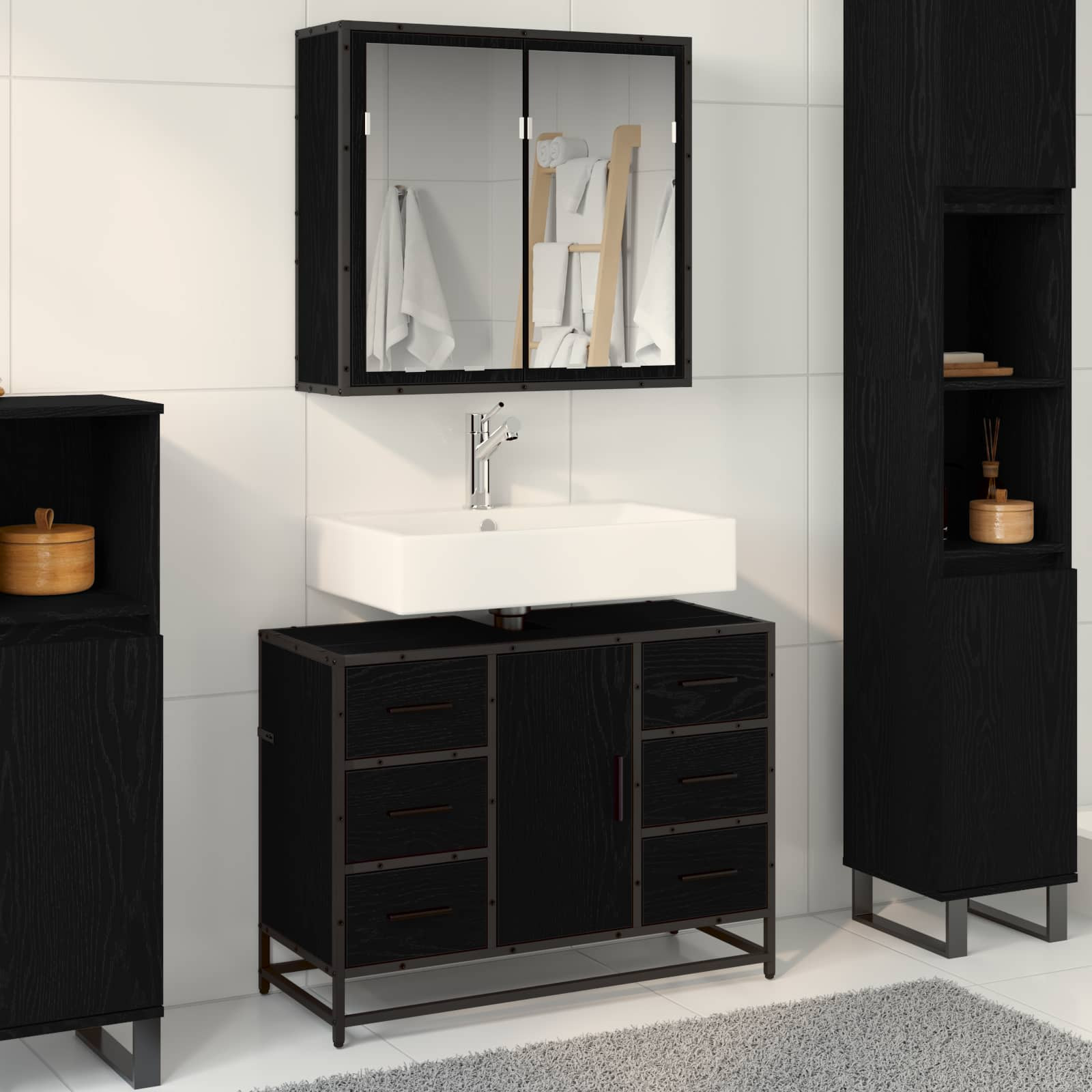 vidaXL Badezimmermöbel-Set 2 pcs Schwarz Eichen-Optik Holzwerkstoff