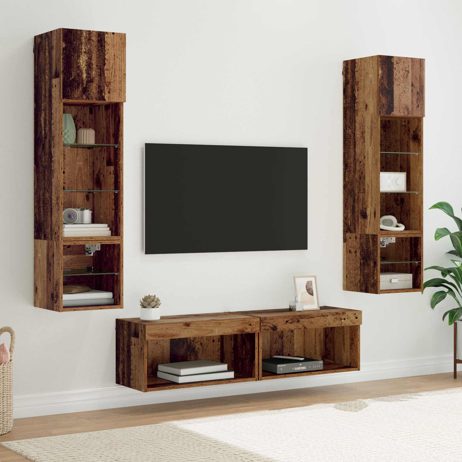 vidaXL TV-Wandmöbel mit LED-Lichtleisten 6 pcs Altholz Holzwerkstoff