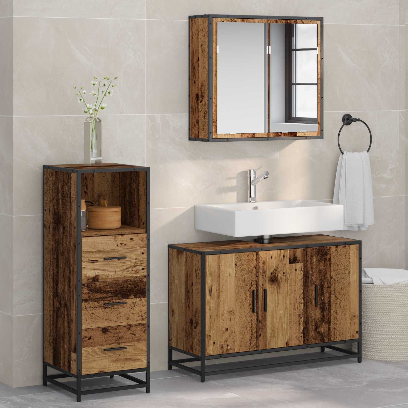 vidaXL Badezimmermöbel-Set mit Schubladen 3 pcs Altholz Holzwerkstoff