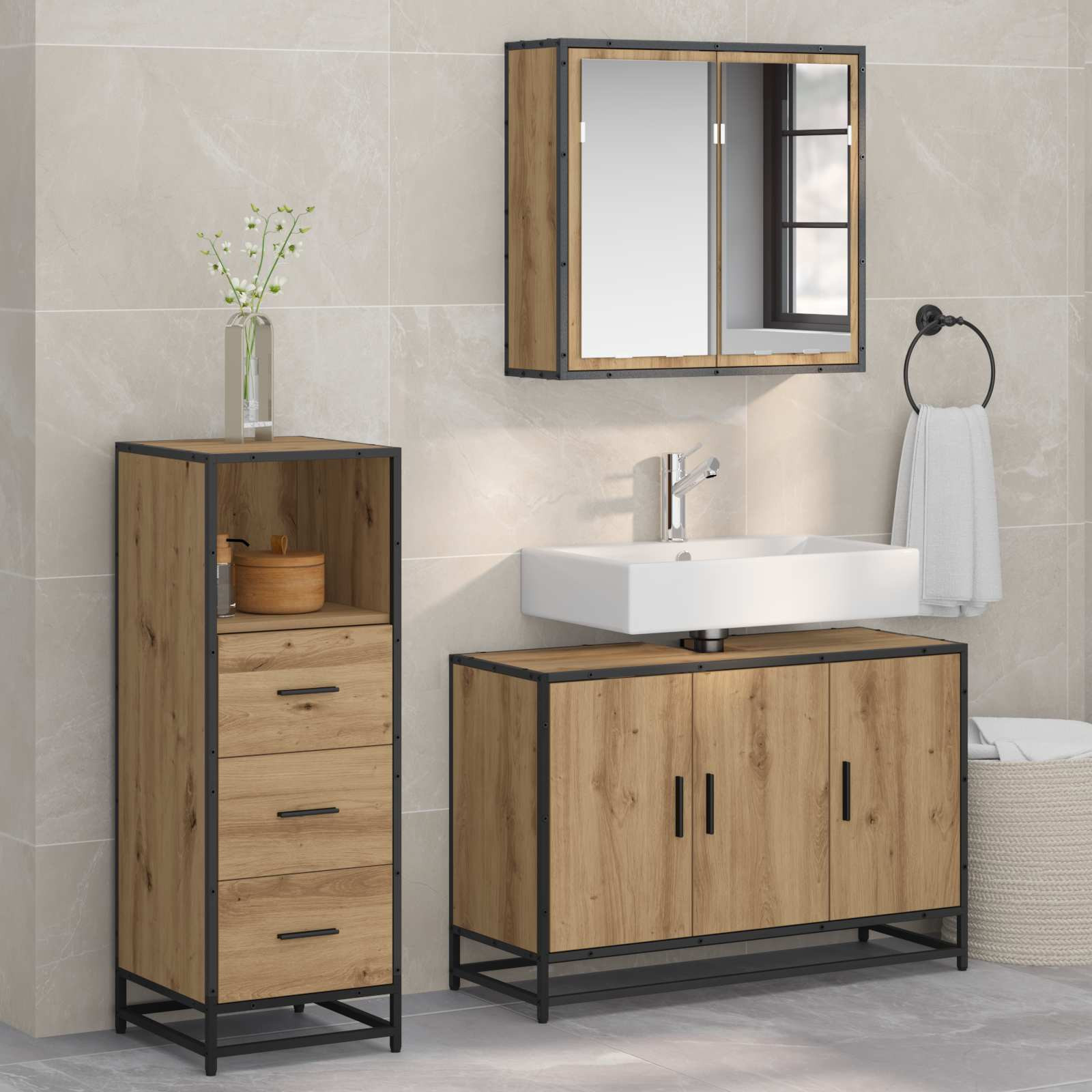 vidaXL Badezimmermöbel-Set 3 Stk. Artisan-Eiche 90 x 33 x 60 cm