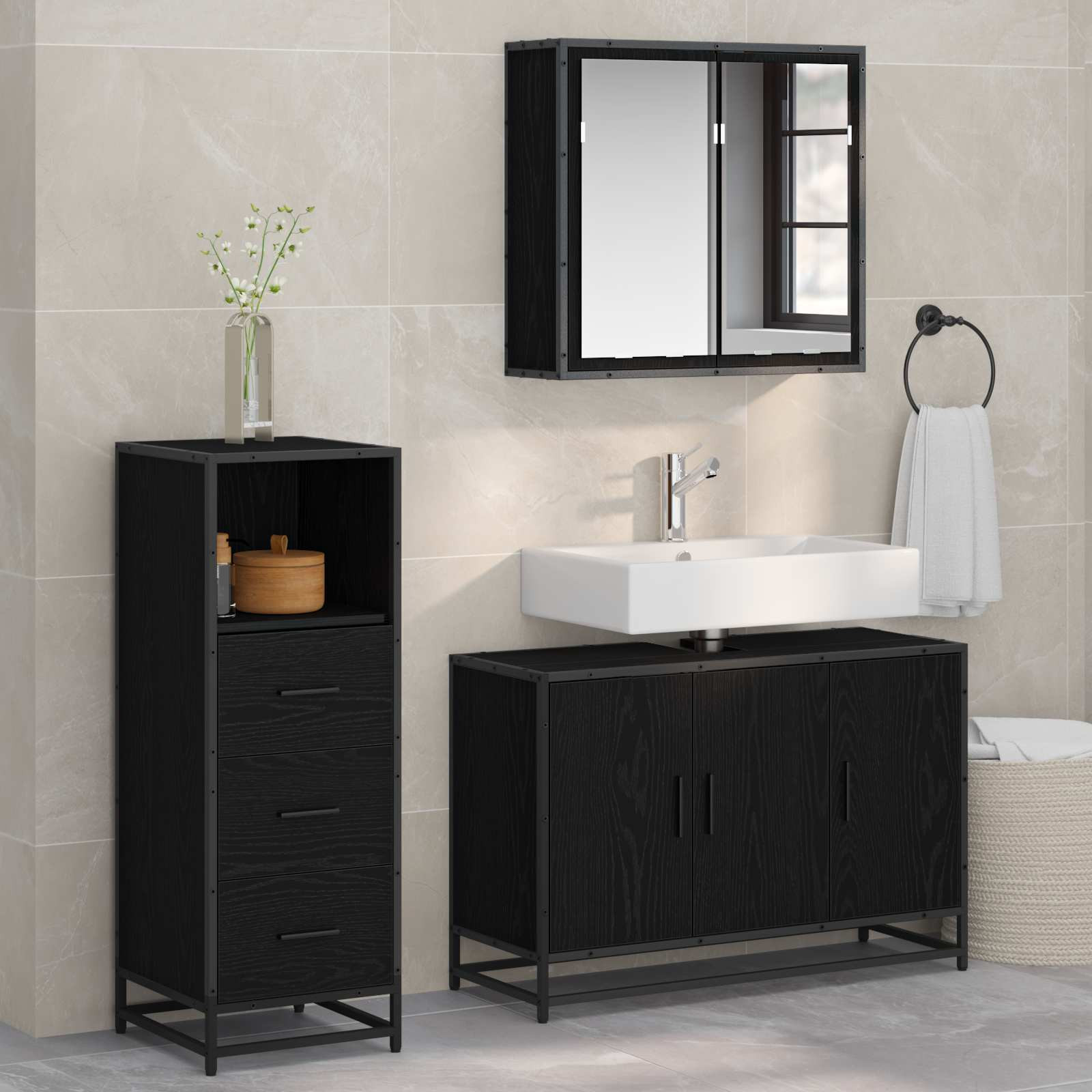 vidaXL Badezimmermöbel-Set 3 pcs Schwarz Eichen-Optik Holzwerkstoff