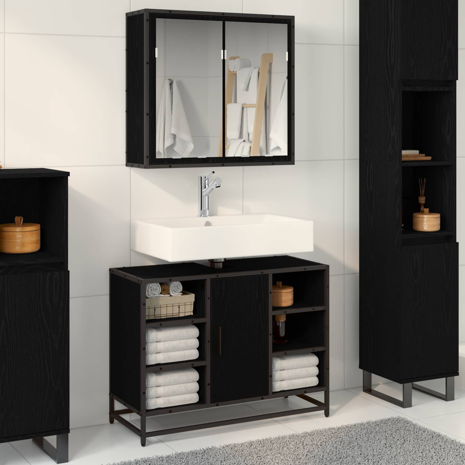 vidaXL Badezimmermöbel-Set 2 pcs Schwarz Eichen-Optik Holzwerkstoff